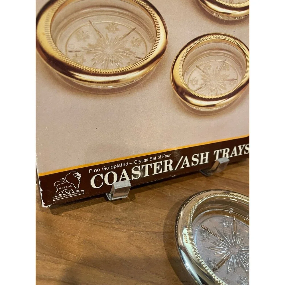 4 Sheridan Fine Gold Plated Crystal Coasters / Ash Trays